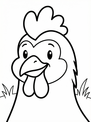 Detailed illustration of an anatomically correct chicken head facing forward, featuring a prominent comb, wattles, and beak. Ideal for educational coloring.