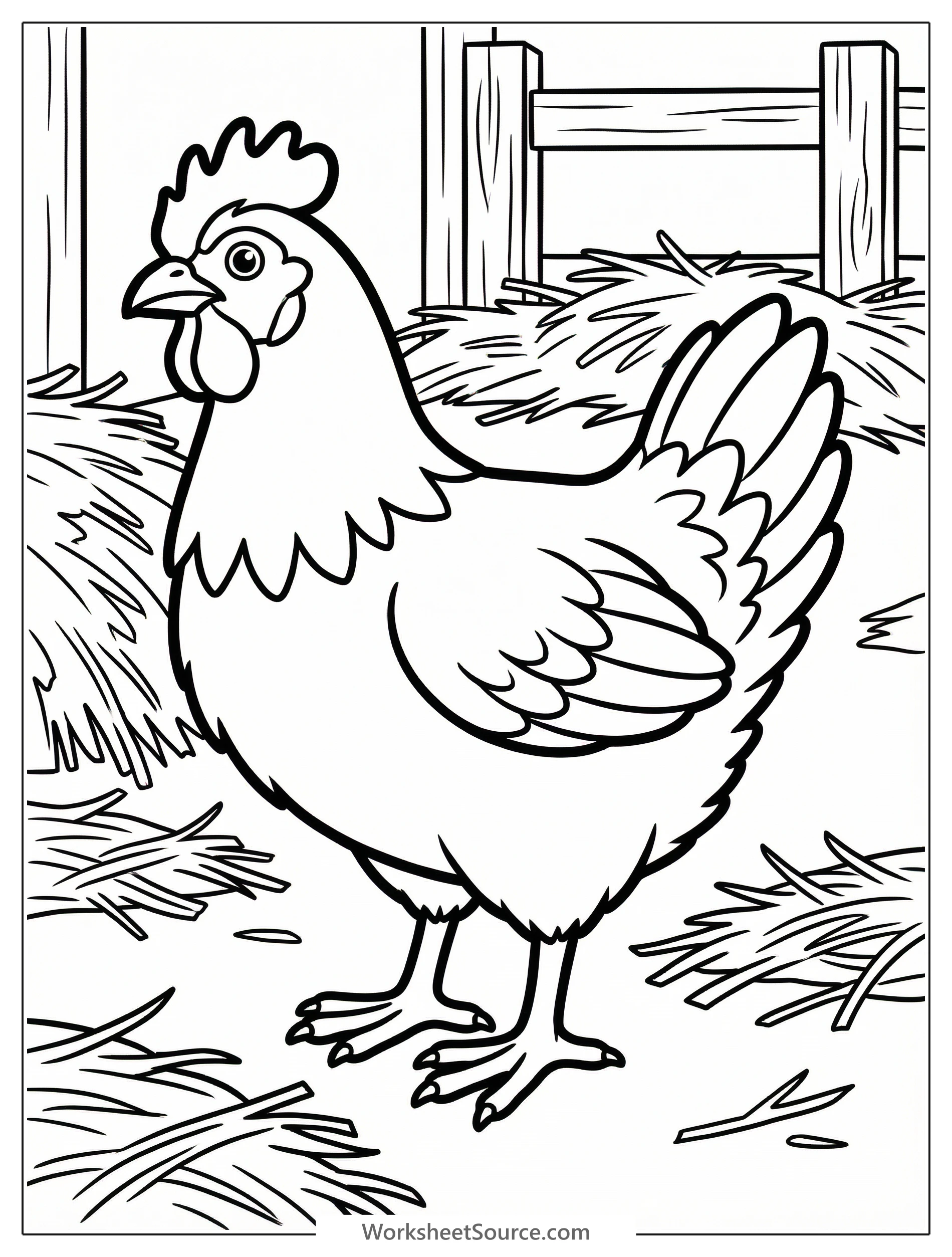 Anatomically correct chicken stands proudly in a barnyard, surrounded by scattered straw and a rustic wooden fence in the background.