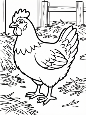 Anatomically correct chicken stands proudly in a barnyard, surrounded by scattered straw and a rustic wooden fence in the background.