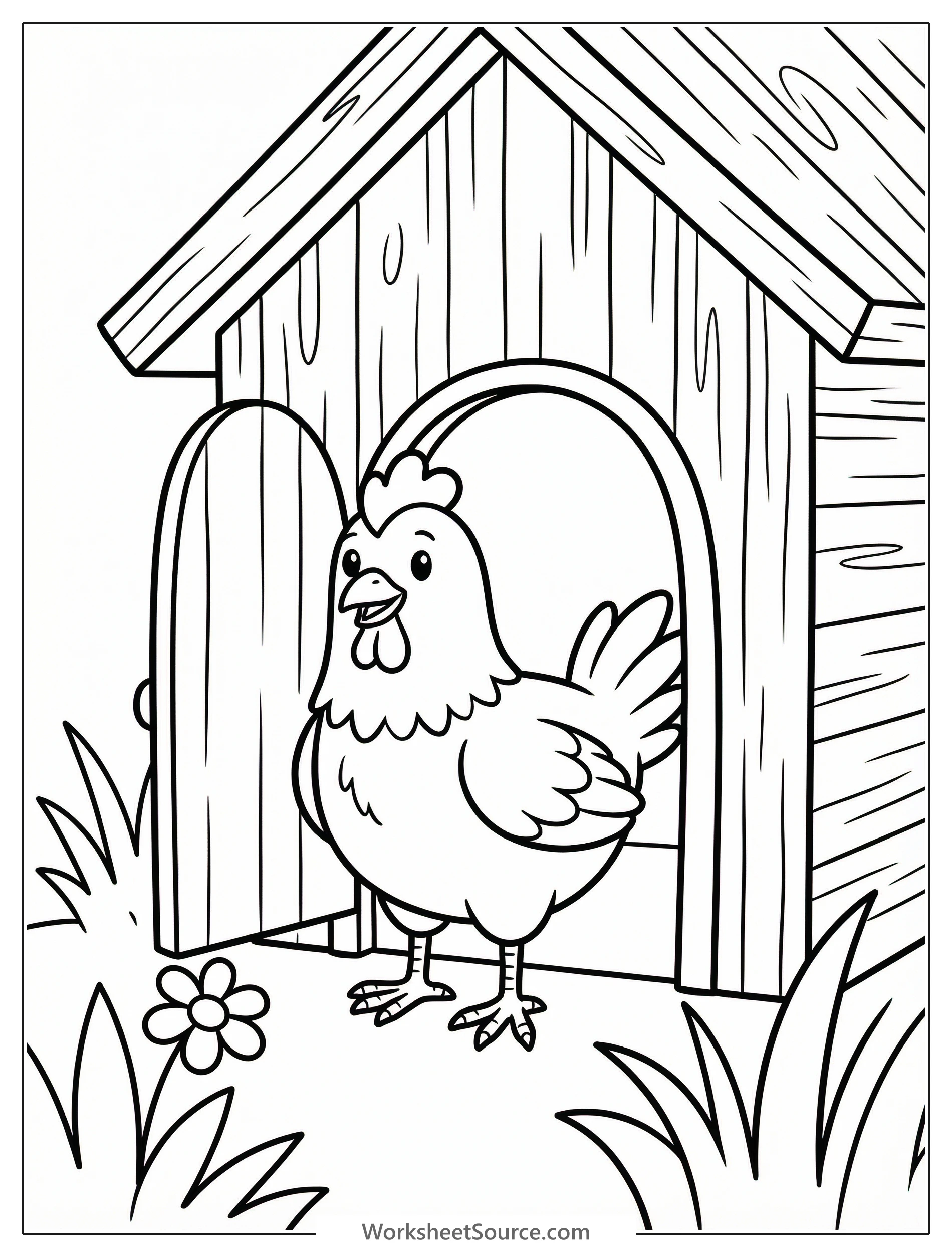 Anatomically correct chicken stands at a rustic wooden coop entrance, looking out. Detailed illustration ideal for learning about farm animals and their homes.