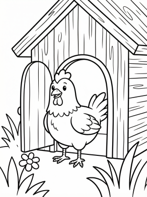 Anatomically correct chicken stands at a rustic wooden coop entrance, looking out. Detailed illustration ideal for learning about farm animals and their homes.