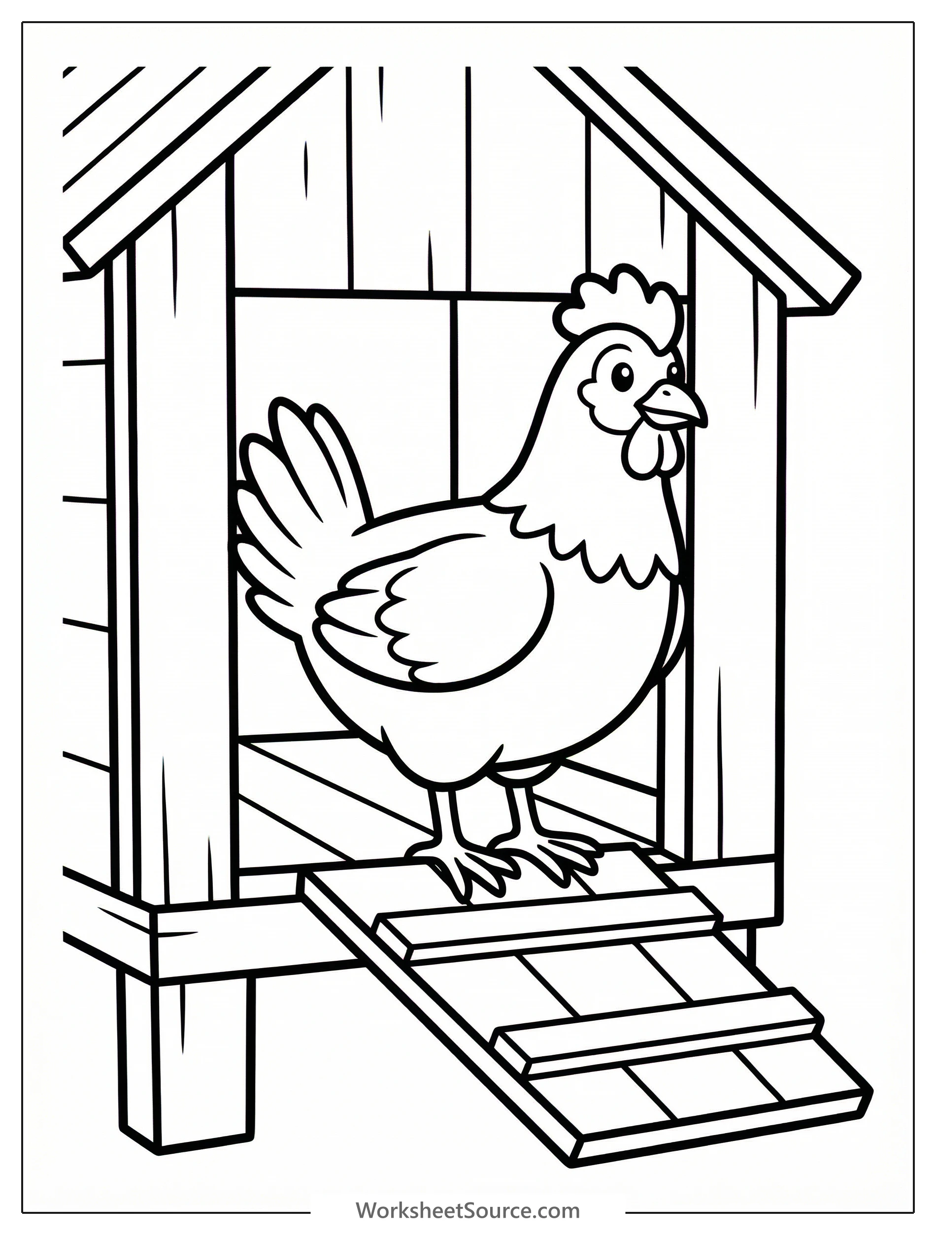 Outline drawing of an anatomically correct chicken standing inside a classic wooden chicken coop, ready for coloring.