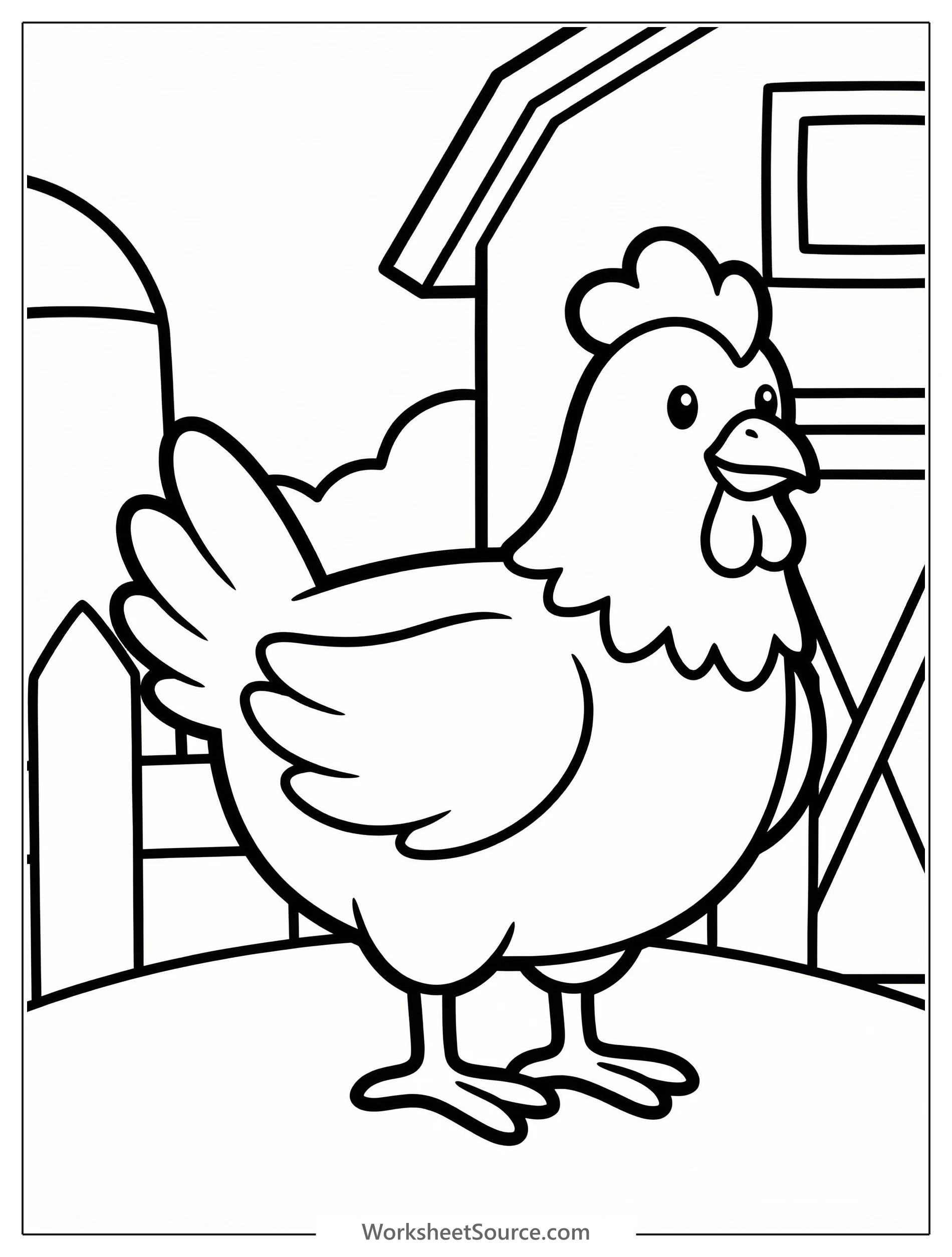 Anatomically correct chicken standing at dusk on a farm, with a barn and soft, fading light in the background. Ready for coloring.