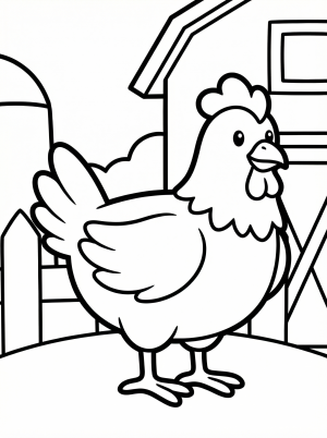 Anatomically correct chicken standing at dusk on a farm, with a barn and soft, fading light in the background. Ready for coloring.