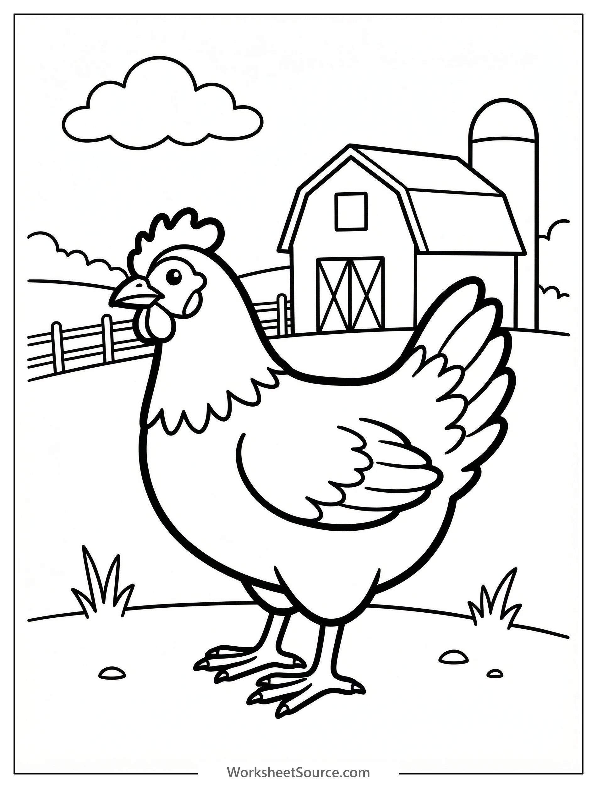An anatomically correct hen stands prominently in a vibrant farmyard, with a classic red barn and rolling hills under a sunny sky.