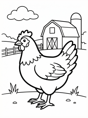 An anatomically correct hen stands prominently in a vibrant farmyard, with a classic red barn and rolling hills under a sunny sky.