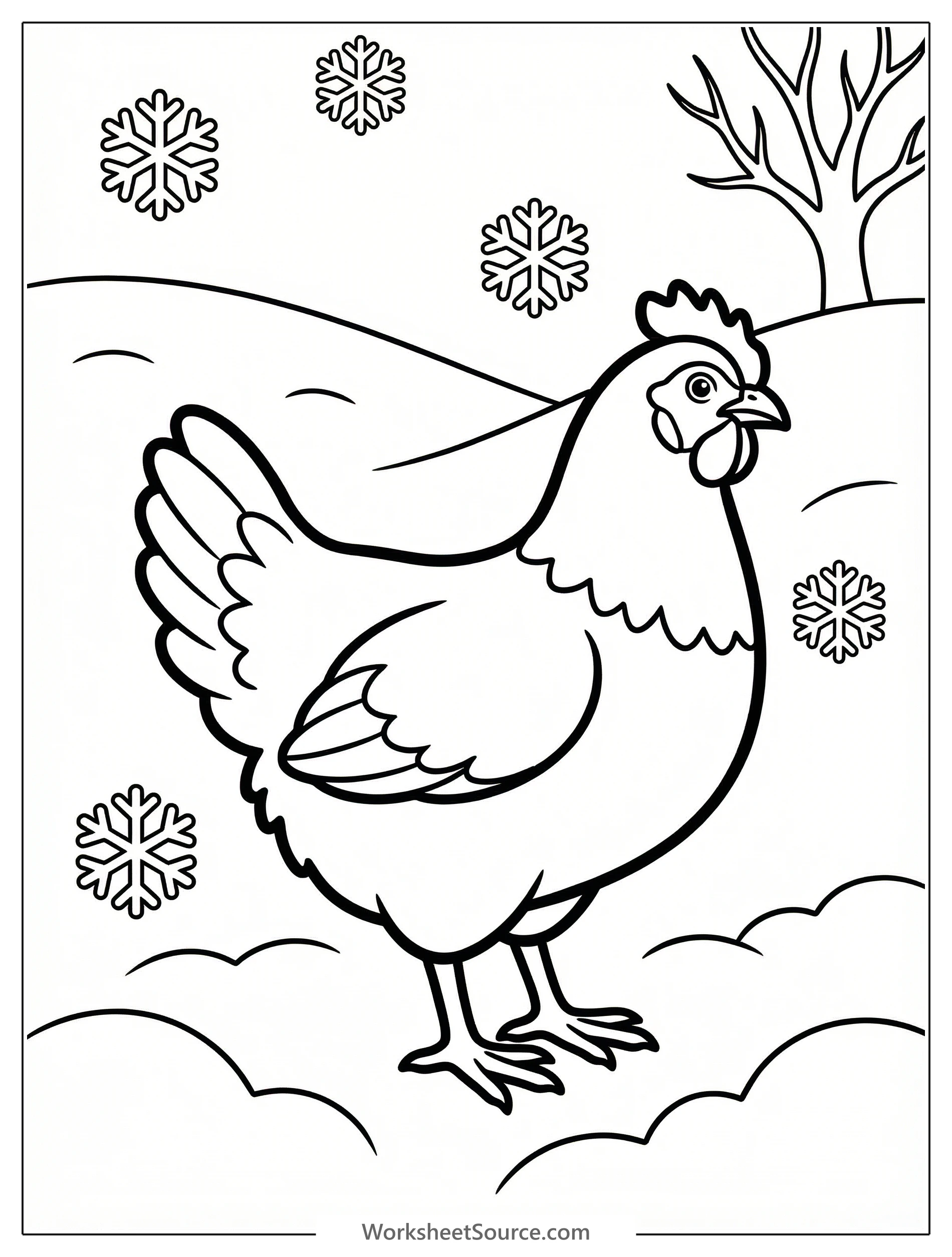 Line art drawing of an anatomically correct chicken standing in fresh snow with snowflakes falling, surrounded by bare winter trees.