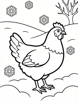 Line art drawing of an anatomically correct chicken standing in fresh snow with snowflakes falling, surrounded by bare winter trees.