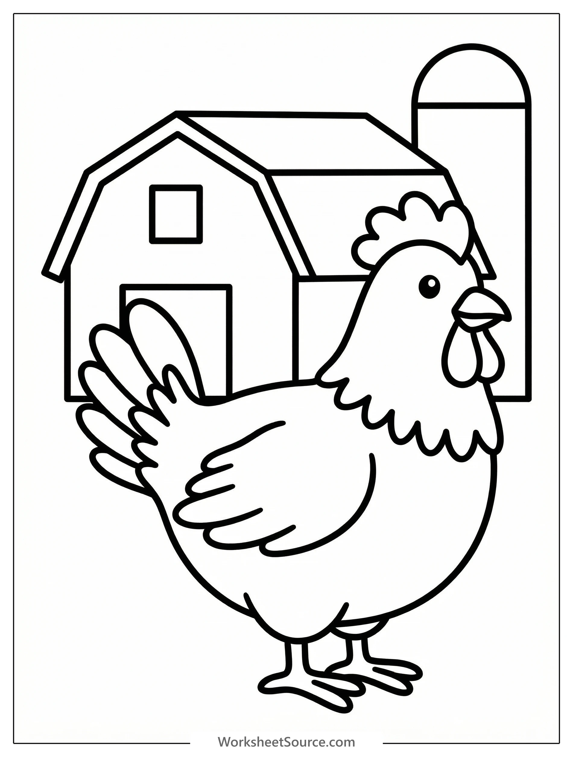 Outline drawing of an anatomically correct chicken standing in front of a classic red barn with a textured roof and a small window, set in a simple grassy field.
