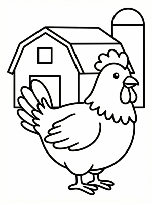 Outline drawing of an anatomically correct chicken standing in front of a classic red barn with a textured roof and a small window, set in a simple grassy field.