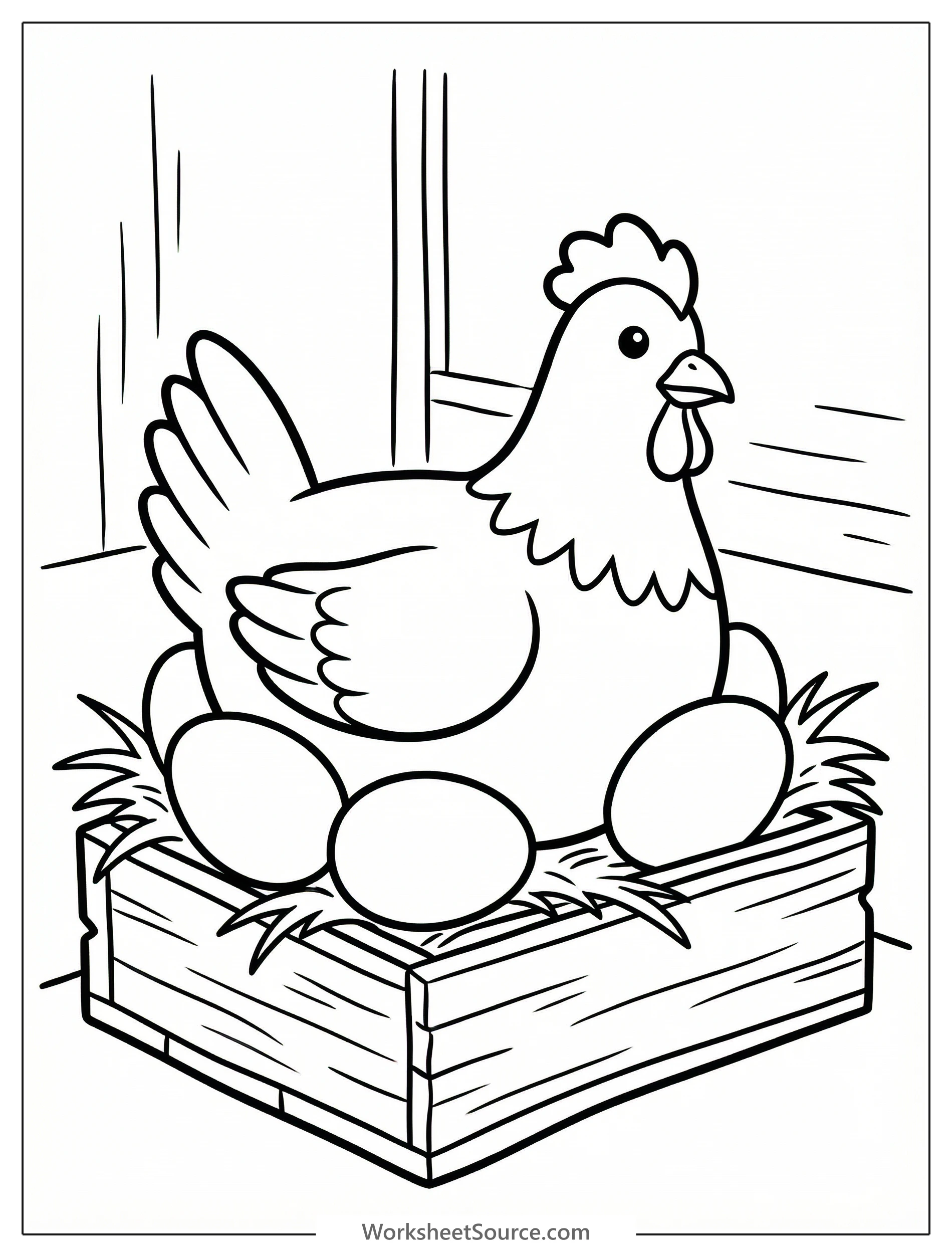 An anatomically correct hen sits comfortably in a wooden nest box with three round eggs. The hen faces right, detailed feathers visible.