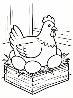 An anatomically correct hen sits comfortably in a wooden nest box with three round eggs. The hen faces right, detailed feathers visible.