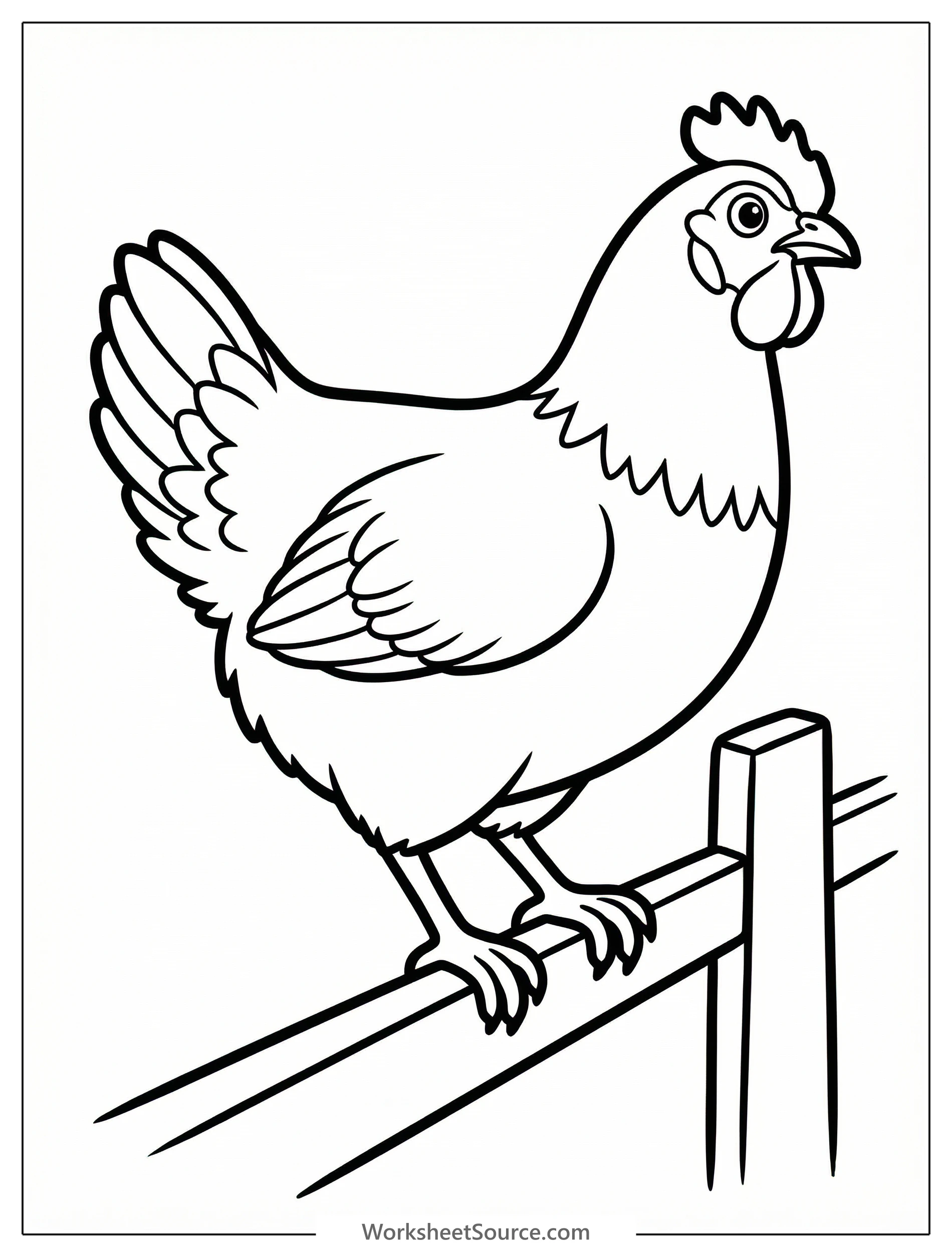 Line drawing of an anatomically correct chicken with detailed feathers, comb, and wattle, perched on a rustic wooden fence.