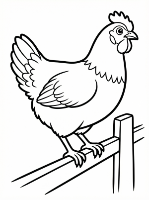 Line drawing of an anatomically correct chicken with detailed feathers, comb, and wattle, perched on a rustic wooden fence.