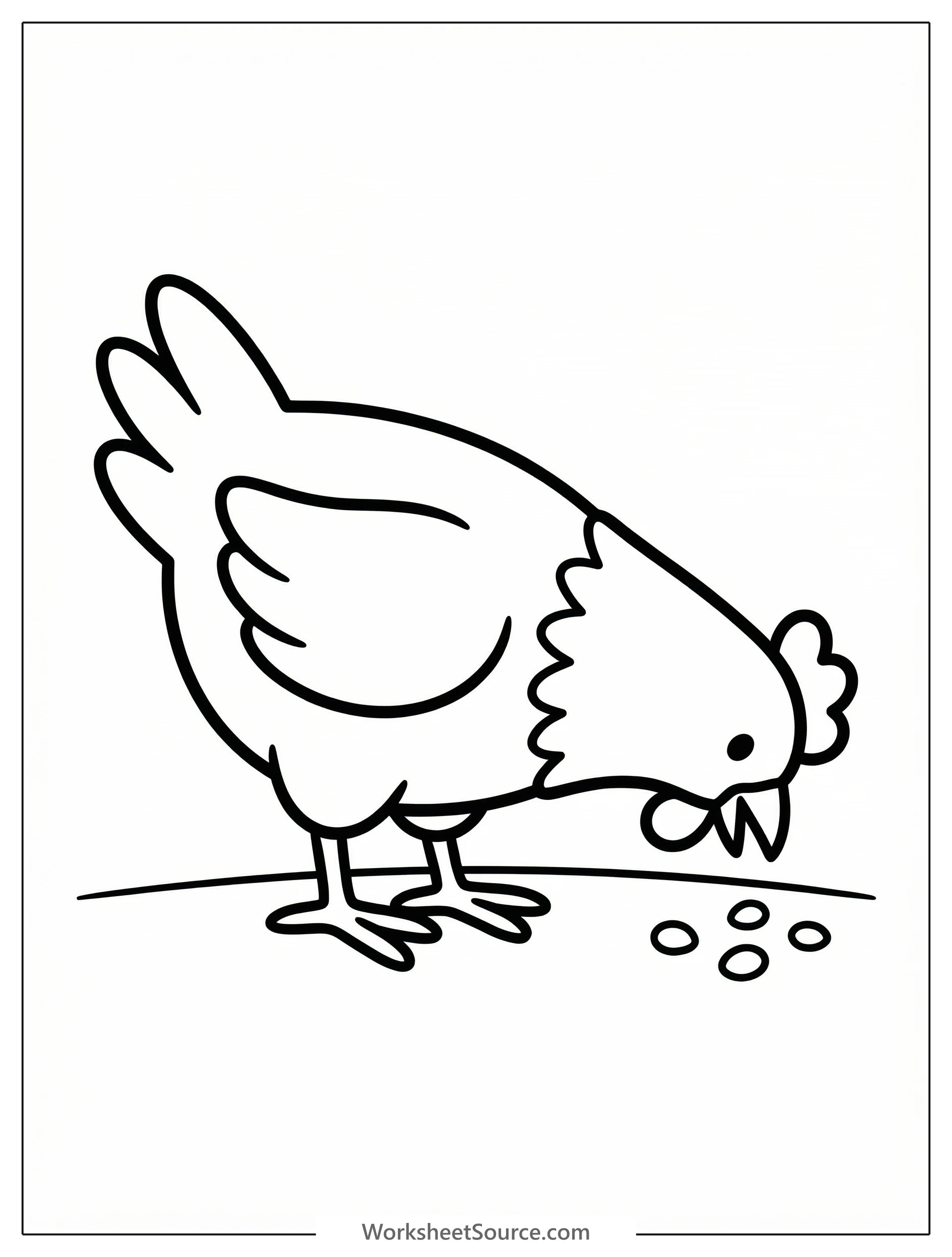 An anatomically correct cartoon chicken with detailed feathers pecking at the ground, looking for food. The bird's head is tilted downwards, and its beak is close to the earth.