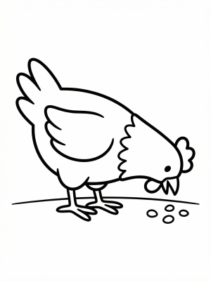 An anatomically correct cartoon chicken with detailed feathers pecking at the ground, looking for food. The bird's head is tilted downwards, and its beak is close to the earth.