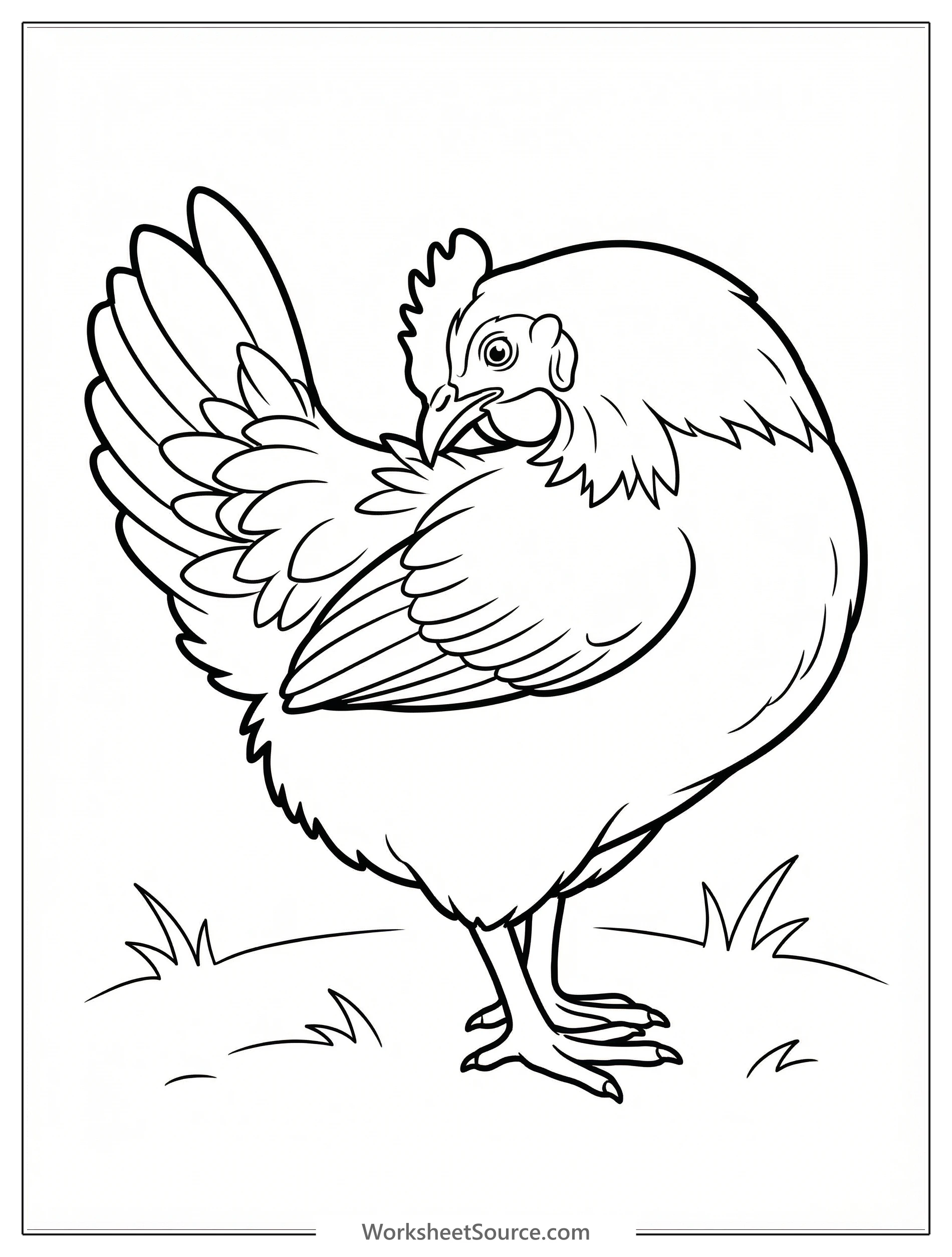 Outline drawing of an anatomically correct chicken, standing and using its beak to preen or clean its feathers, showing detailed feather patterns.