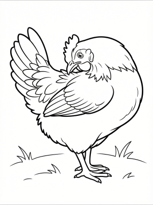 Outline drawing of an anatomically correct chicken, standing and using its beak to preen or clean its feathers, showing detailed feather patterns.