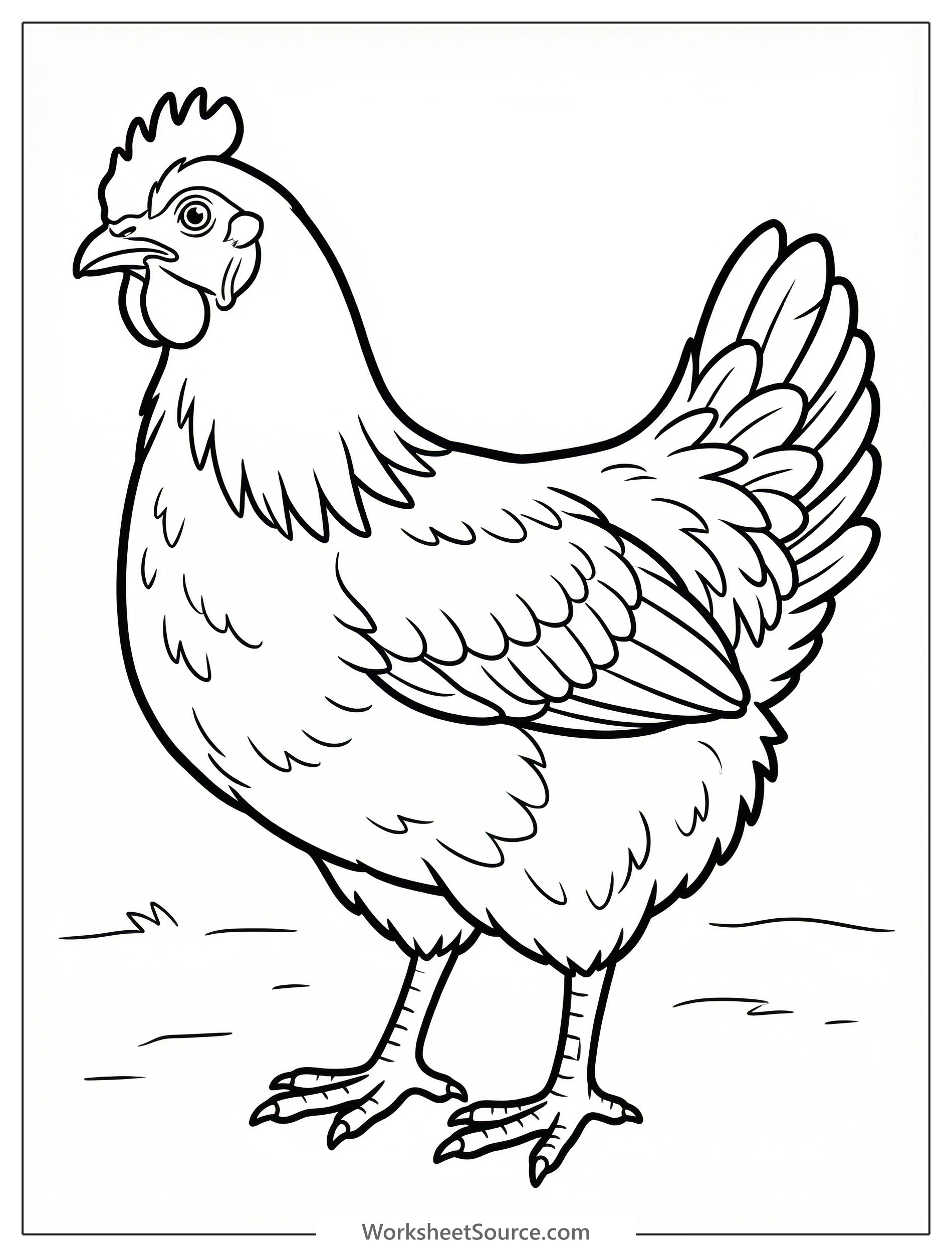 Black and white outline of an anatomically correct realistic chicken with detailed feathers, standing. Perfect for educational coloring activities.