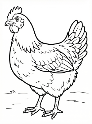 Black and white outline of an anatomically correct realistic chicken with detailed feathers, standing. Perfect for educational coloring activities.