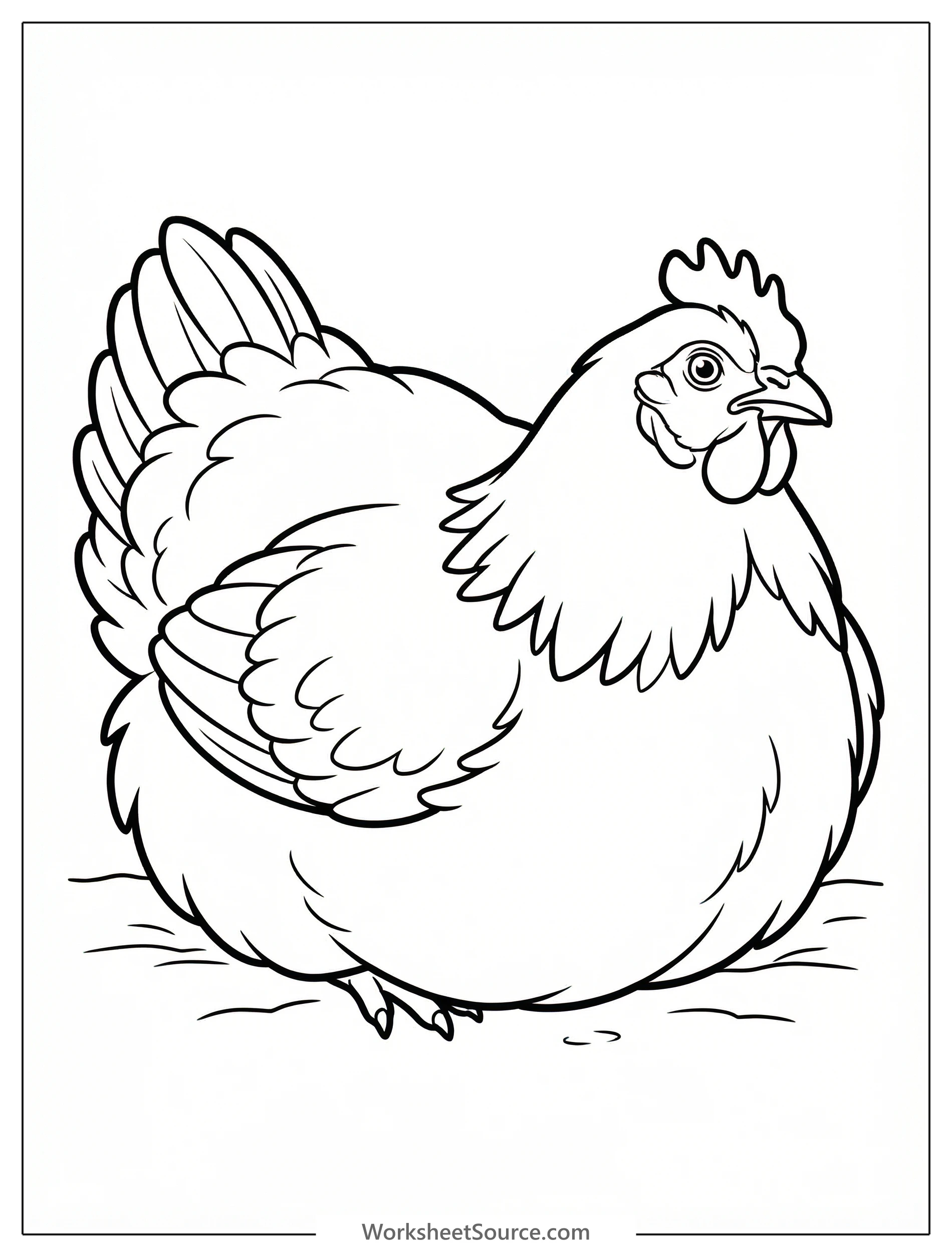 Detailed illustration of an anatomically correct chicken resting comfortably with its feathers fluffed, facing to the right, ready for creative coloring.