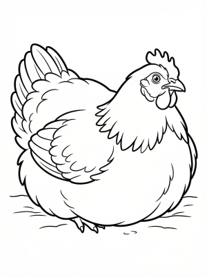Detailed illustration of an anatomically correct chicken resting comfortably with its feathers fluffed, facing to the right, ready for creative coloring.