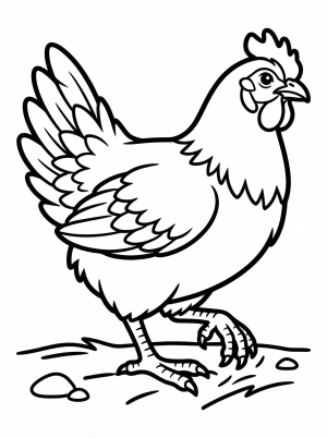Illustration of an anatomically correct chicken with detailed feathers and comb, actively scratching the ground with its strong feet, seeking food.