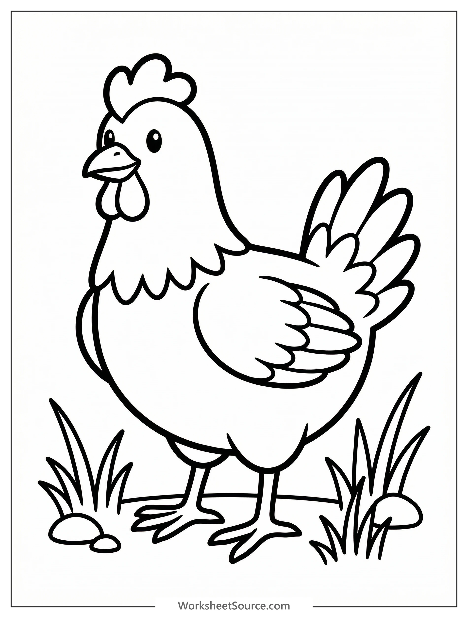 Line drawing of an anatomically correct chicken standing upright with detailed feathers, comb, wattle, and tail, ready for coloring.
