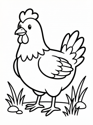 Line drawing of an anatomically correct chicken standing upright with detailed feathers, comb, wattle, and tail, ready for coloring.