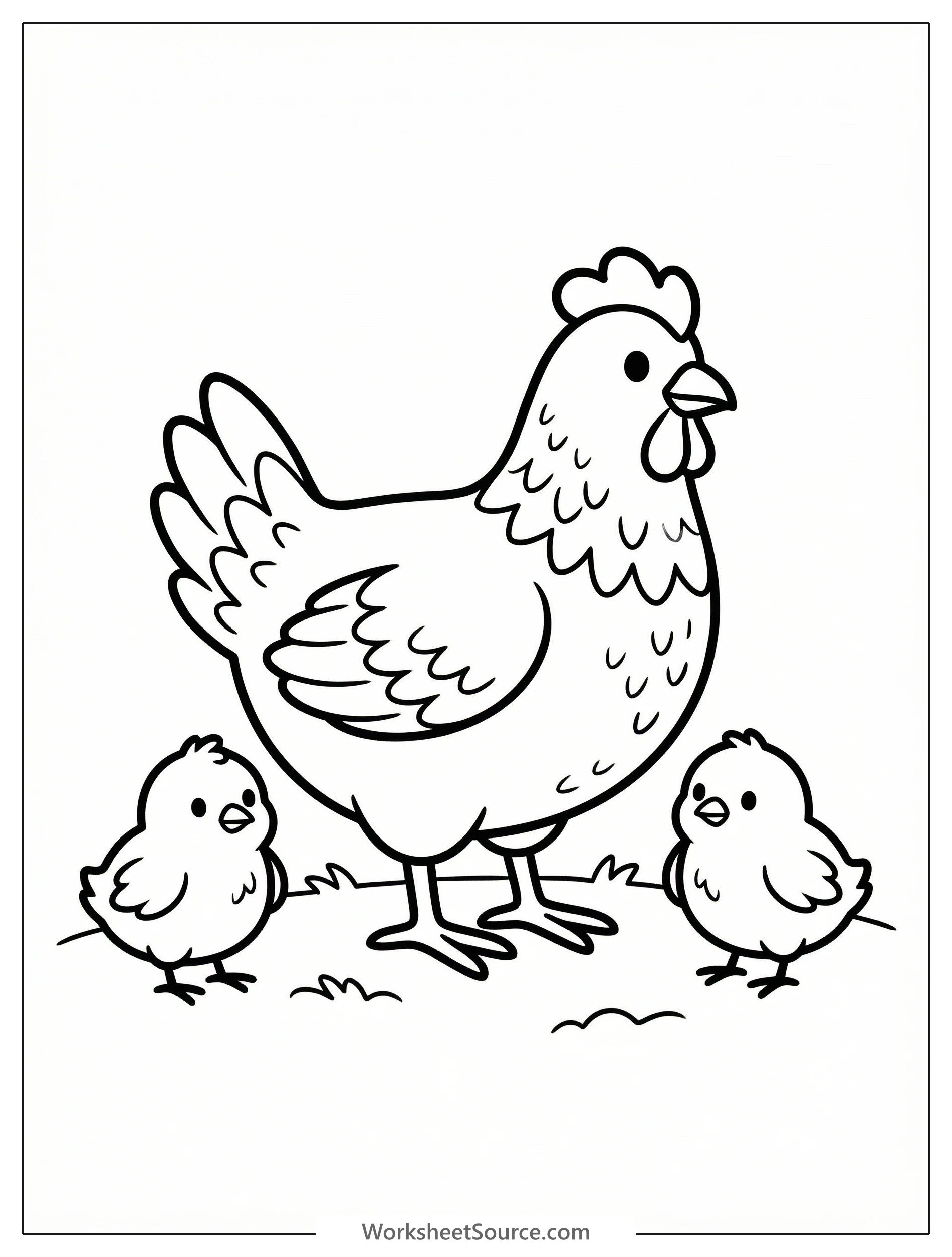 Outline drawing of an anatomically correct hen standing protectively with two fluffy chicks beside her. The hen features detailed feathers and strong legs.