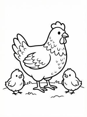 Outline drawing of an anatomically correct hen standing protectively with two fluffy chicks beside her. The hen features detailed feathers and strong legs.