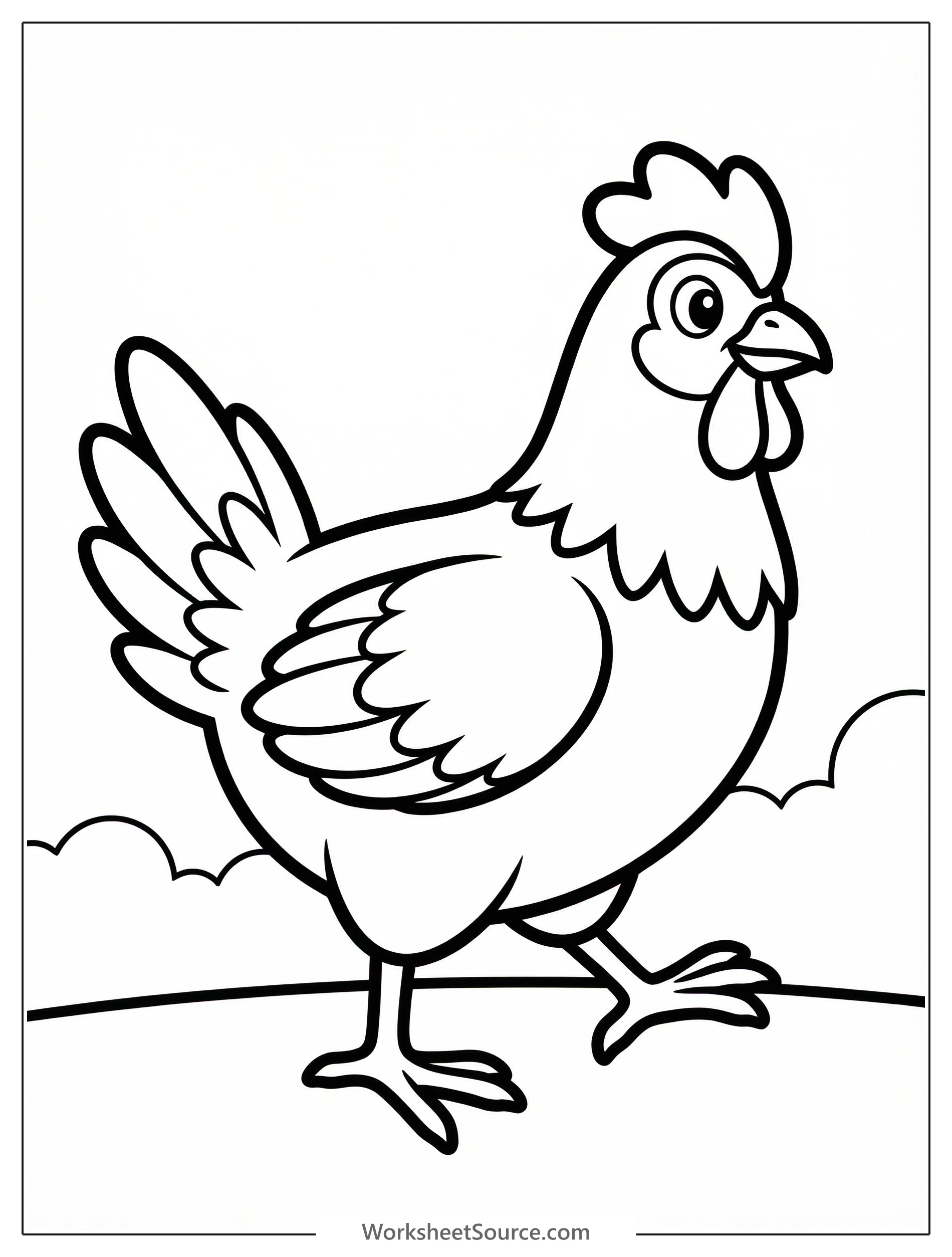 An anatomically correct cartoon chicken with detailed feathers and strong legs, walking forward with one leg lifted, ready for coloring.