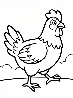 An anatomically correct cartoon chicken with detailed feathers and strong legs, walking forward with one leg lifted, ready for coloring.