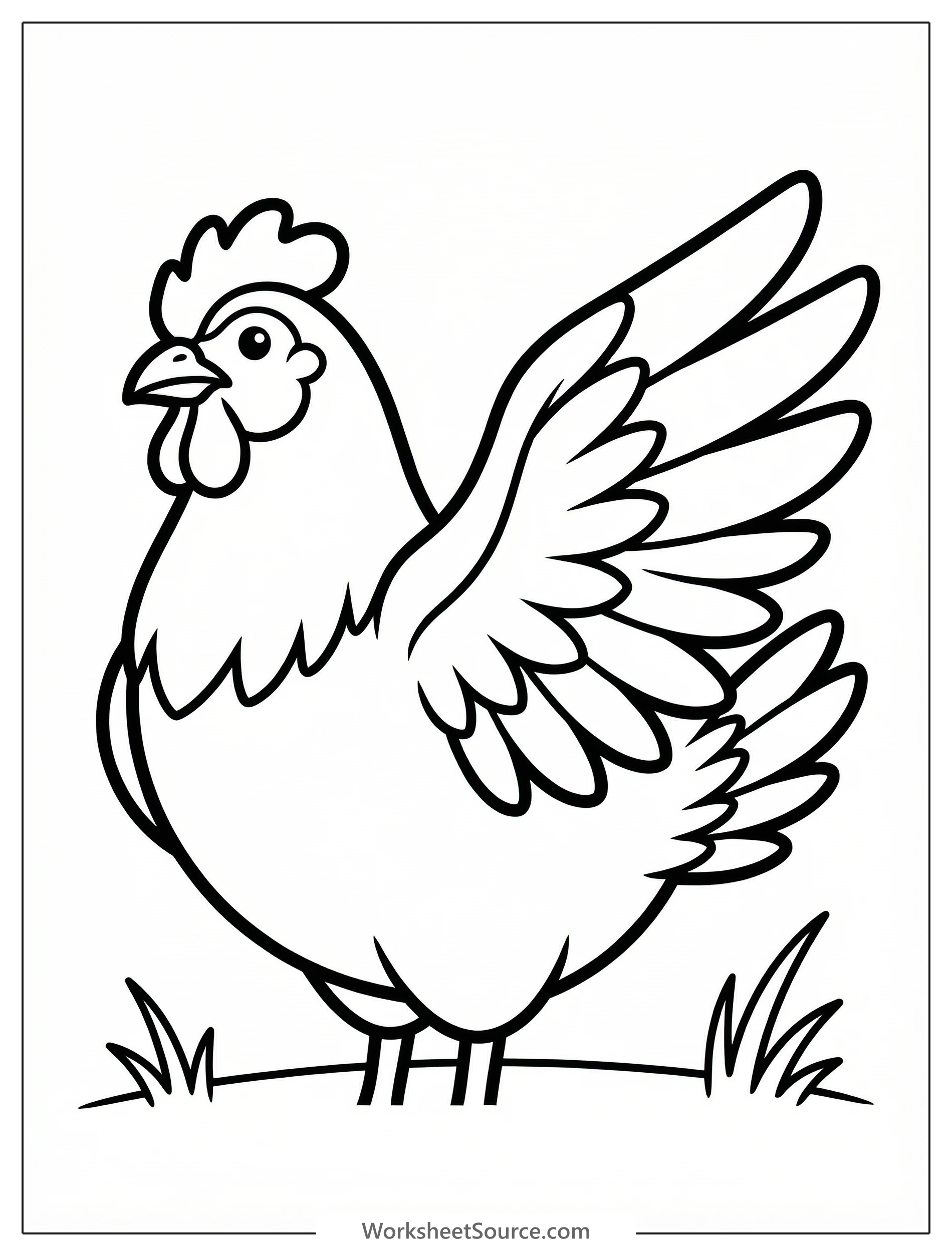 Outline drawing of an anatomically correct chicken with one feathered wing spread, showing detailed feather structure. Perfect for coloring activities.