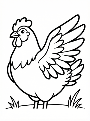 Outline drawing of an anatomically correct chicken with one feathered wing spread, showing detailed feather structure. Perfect for coloring activities.