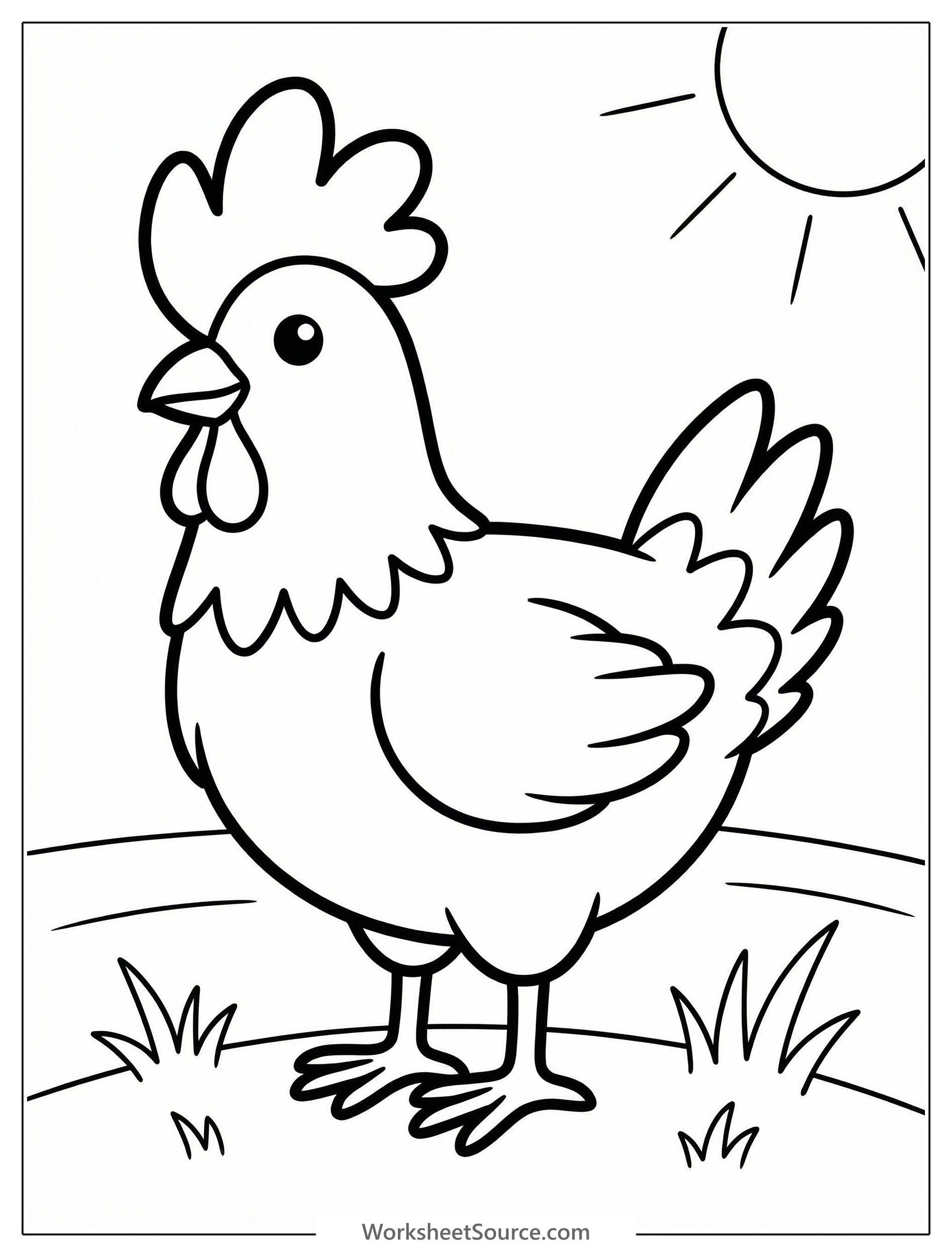 Line art illustration of an anatomically correct chicken, standing prominently with a large, textured red comb on its head, feathers detailed.
