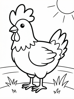 Line art illustration of an anatomically correct chicken, standing prominently with a large, textured red comb on its head, feathers detailed.