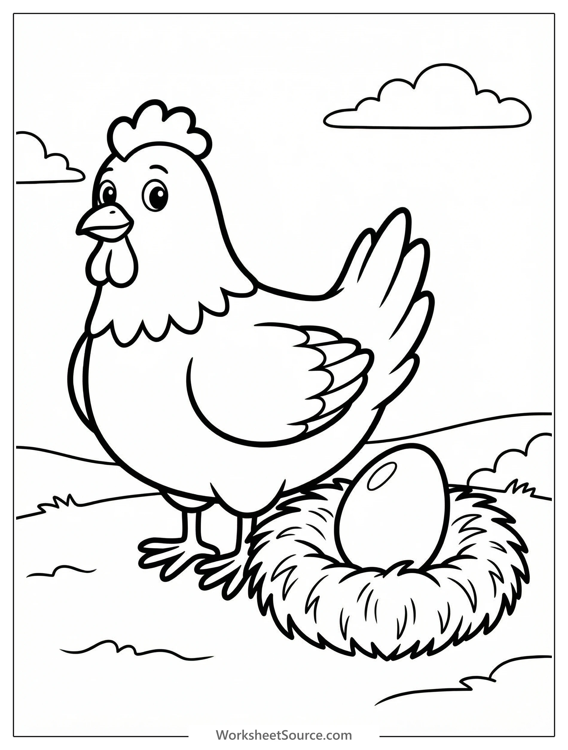 Anatomically correct hen sitting in a cozy nest with a single egg nearby, depicted as a line art coloring page.