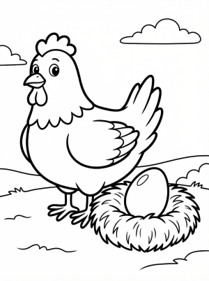 Anatomically correct hen sitting in a cozy nest with a single egg nearby, depicted as a line art coloring page.
