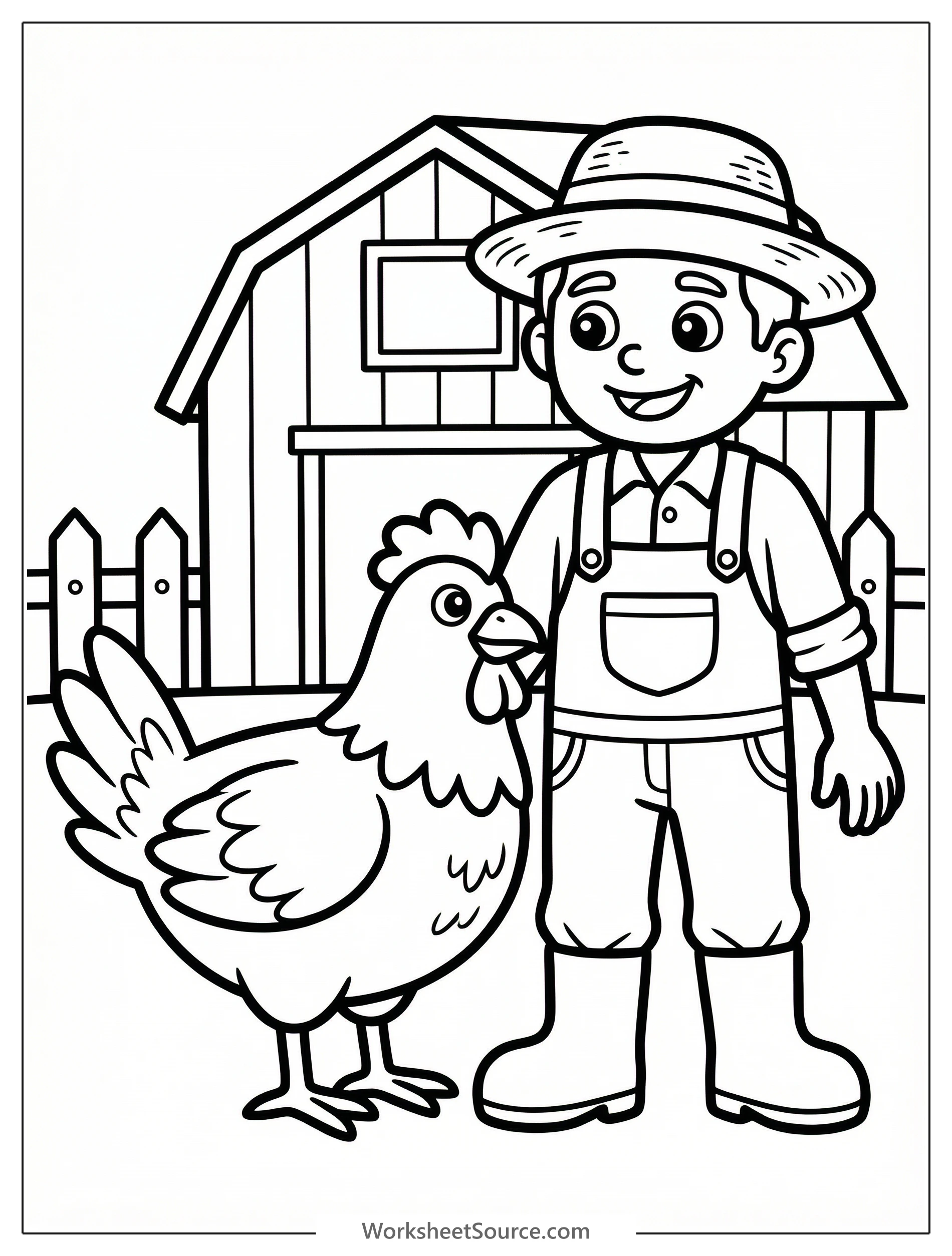Line art illustration of an anatomically correct chicken standing next to a friendly farmer wearing a hat, surrounded by a peaceful farm scene.