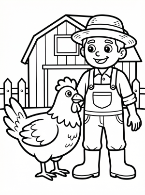 Line art illustration of an anatomically correct chicken standing next to a friendly farmer wearing a hat, surrounded by a peaceful farm scene.