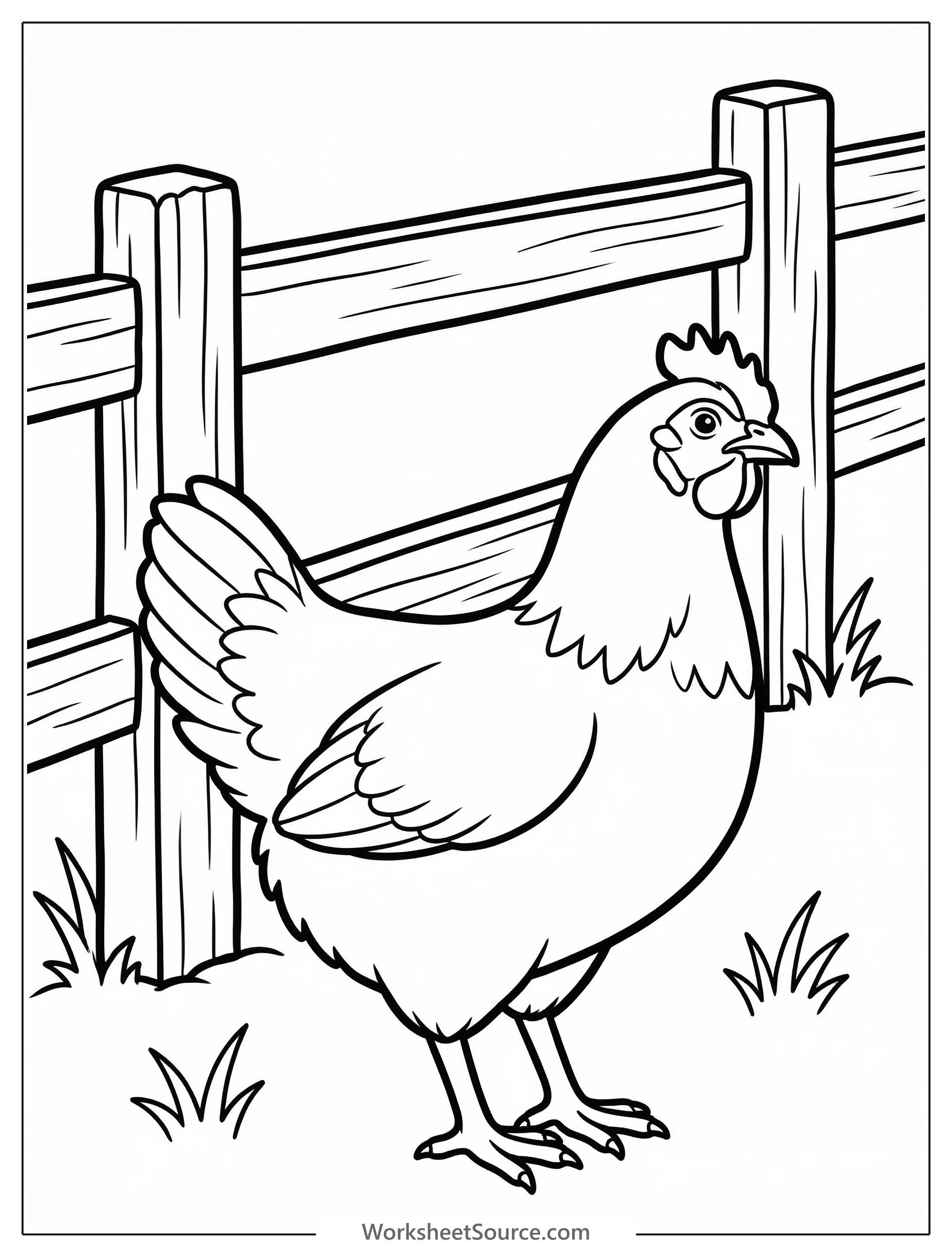 Outline of an anatomically correct chicken standing next to a rustic wooden farm fence. The chicken features detailed feathers and claws, ready for coloring.