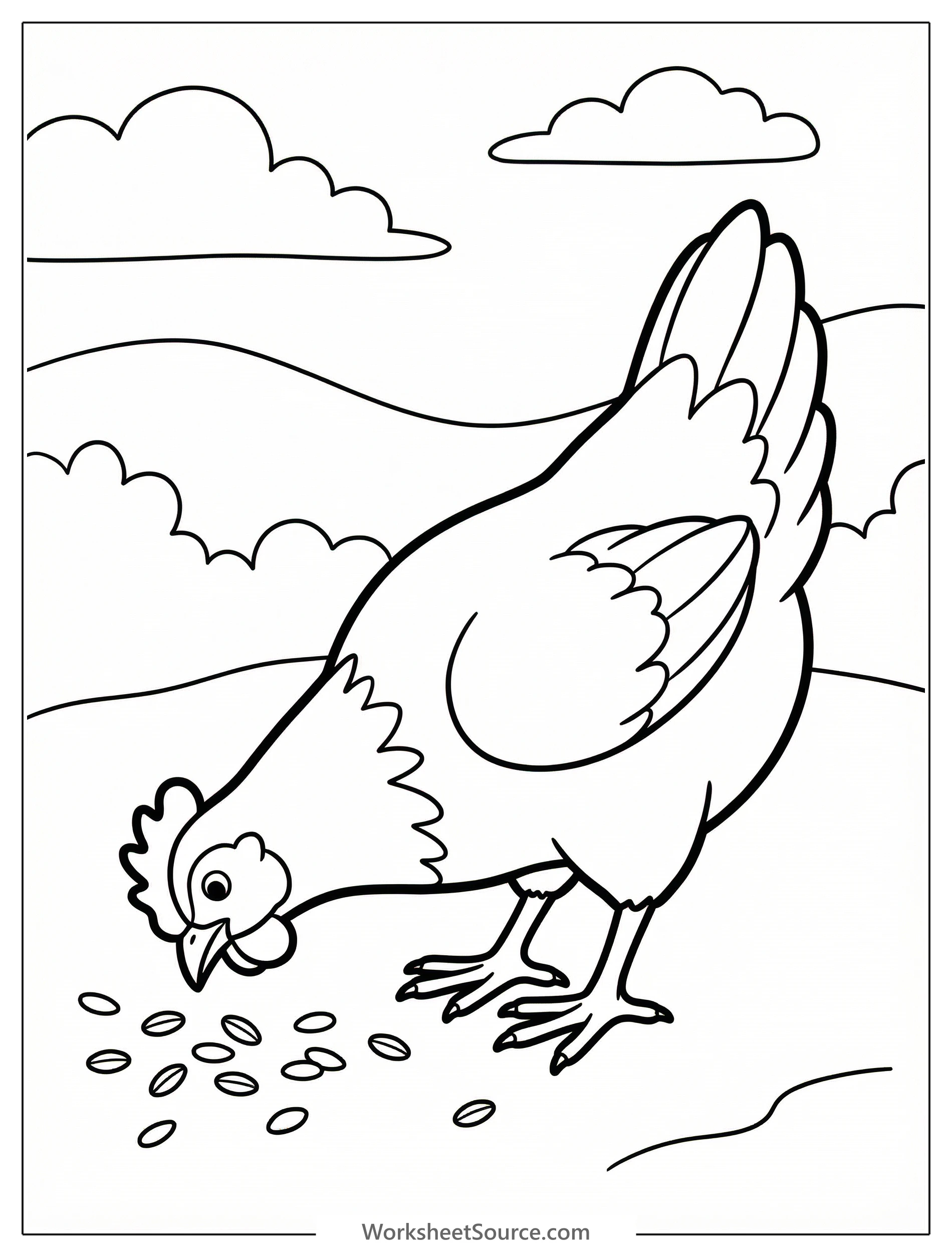Outline drawing of an anatomically correct chicken with detailed feathers pecking at scattered grain on the ground. Clear and ready to color.