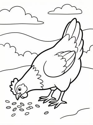 Outline drawing of an anatomically correct chicken with detailed feathers pecking at scattered grain on the ground. Clear and ready to color.