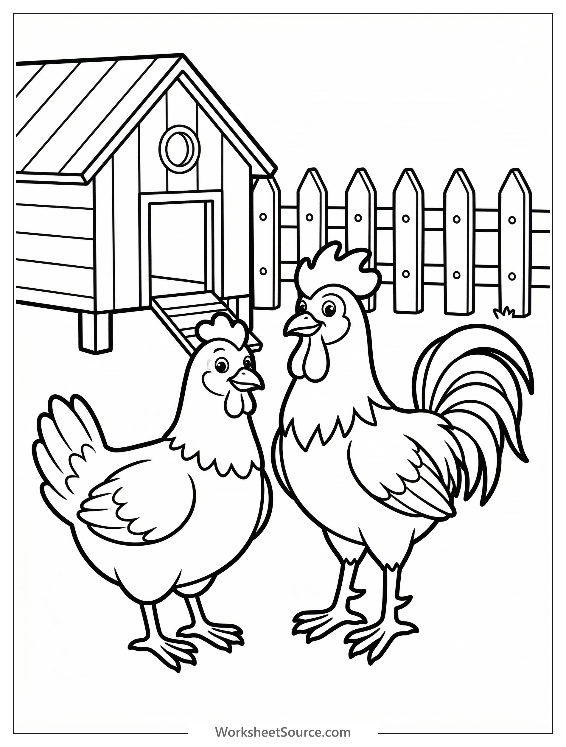 A detailed black and white illustration of an anatomically correct hen and rooster standing together in a rustic farm scene with a barn in the background.