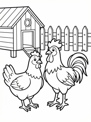 A detailed black and white illustration of an anatomically correct hen and rooster standing together in a rustic farm scene with a barn in the background.