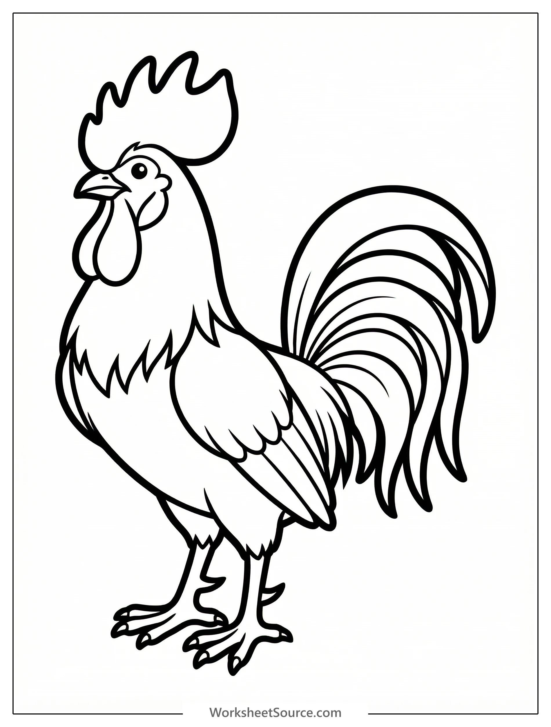 Anatomically correct rooster coloring page featuring a large comb, prominent wattles, and detailed, flowing tail feathers. Ready for coloring.