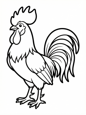 Anatomically correct rooster coloring page featuring a large comb, prominent wattles, and detailed, flowing tail feathers. Ready for coloring.