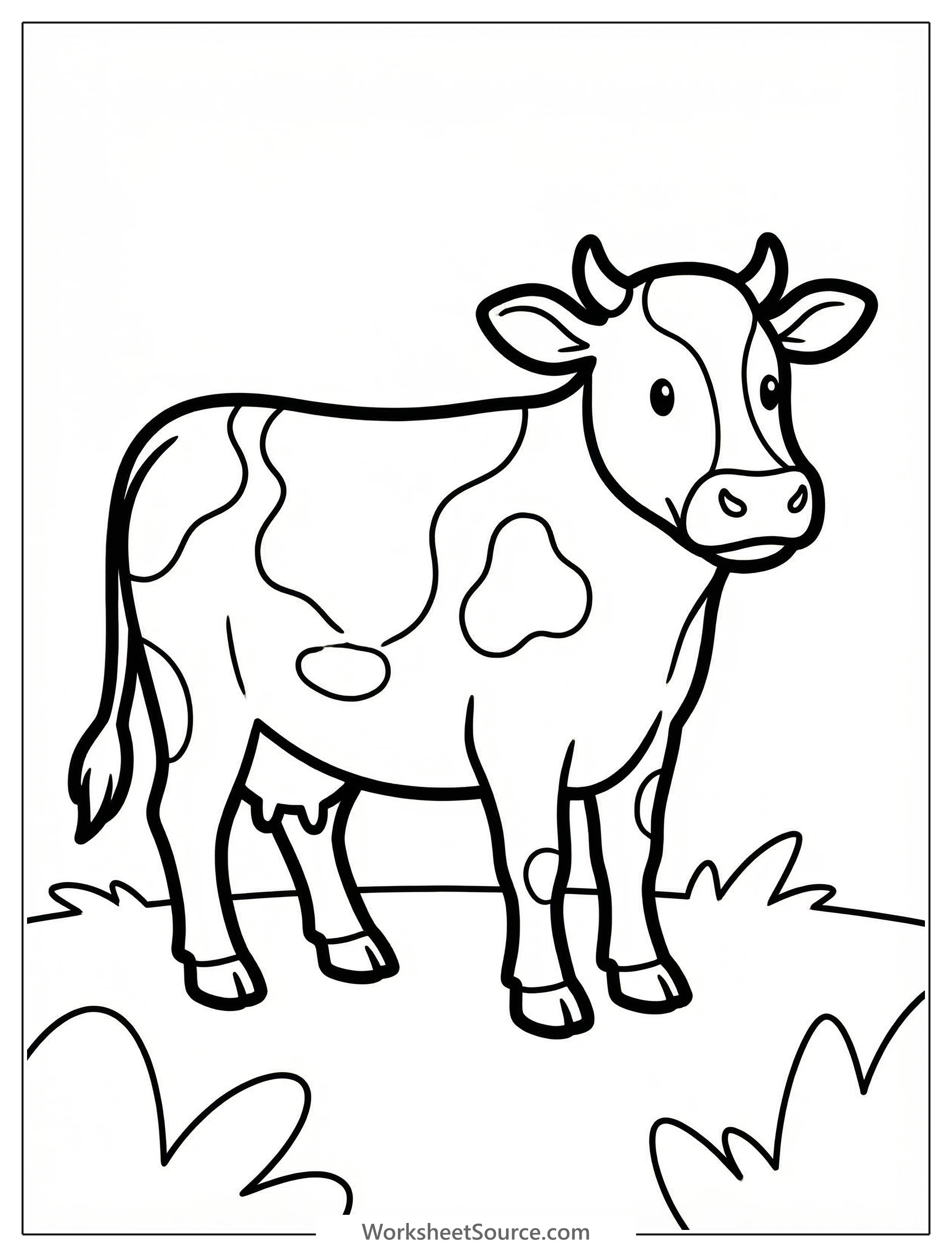 Anatomically correct cow standing alert with ears forward, viewed from the side, featuring detailed body structure, ready for coloring.