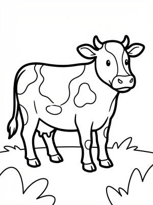 Anatomically correct cow standing alert with ears forward, viewed from the side, featuring detailed body structure, ready for coloring.